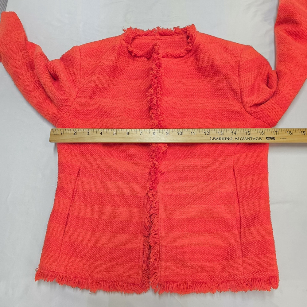 Modern Bohemia Trina Turk Tweed Blazer Women 0 Orange Fringe Trim Cropped Jacket - Picture 8 of 12